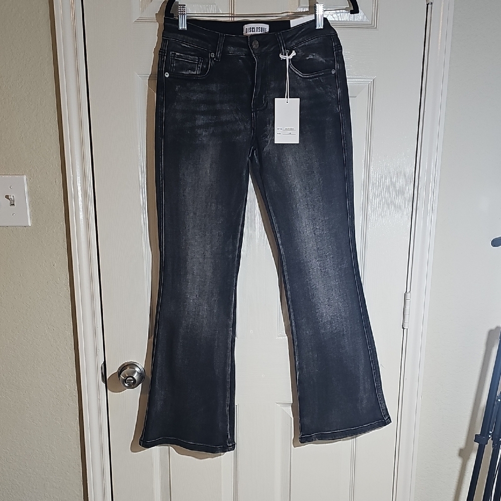 New Disclosure Juniors Black Bootcut Low Rise Stretch Distressed Jeans Size 7